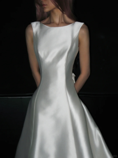 Simple Open Back A Line Round Neck White Satin Long Wedding Dress DP4417