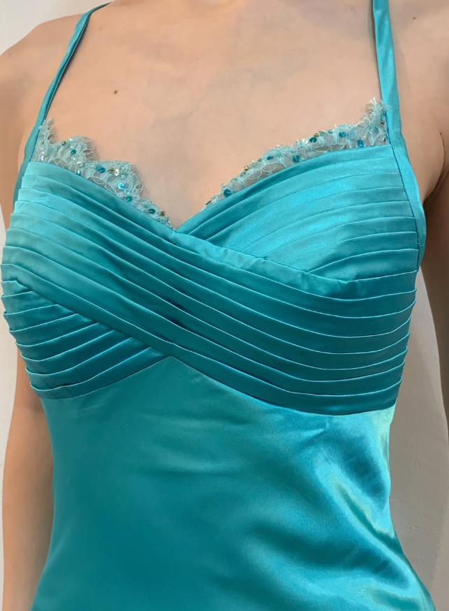 Vintage Mermaid Spaghetti Strap Appliques Blue Satin Prom Dress Evening Dress DP1621