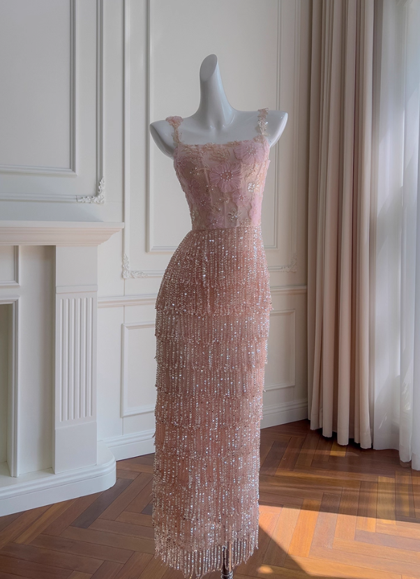 Gentle Pink Sheath Straps Exquisite Beaded Tulle Prom Dress Party Dress Date Dress DP4460