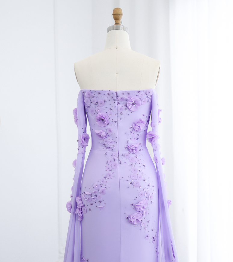 Stunning Lilac A Line Long Sleeve Beaded 3D Flower Chiffon Prom Dress Evening Dress DP1911