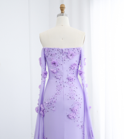 Stunning Lilac A Line Long Sleeve Beaded 3D Flower Chiffon Prom Dress Evening Dress DP1911