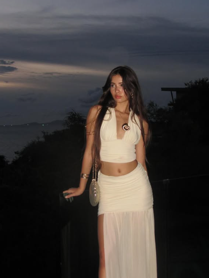 Ivory Two Piece Halter Chiffon Prom Dress Vacation Dress with Slit DP3984