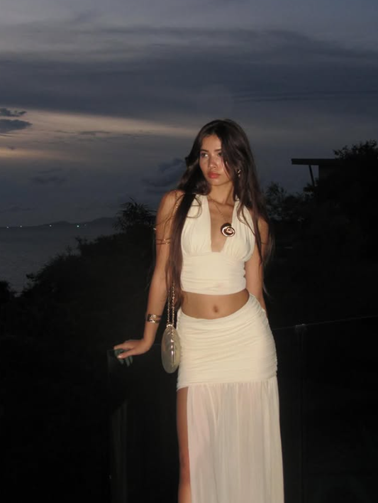 Ivory Two Piece Halter Chiffon Prom Dress Vacation Dress with Slit DP3984