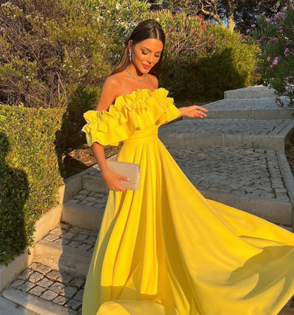 Charming A Line Off the Shoulder Yellow Satin Prom Dress Evening Dress DP1622
