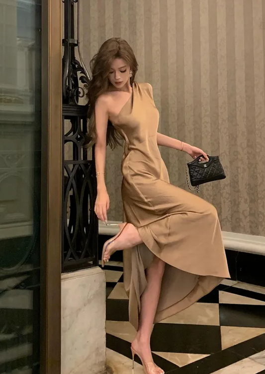 Brown Simple Elegant Sheath One Shoulder Satin Prom Dress Evening Prom Dress DP4895