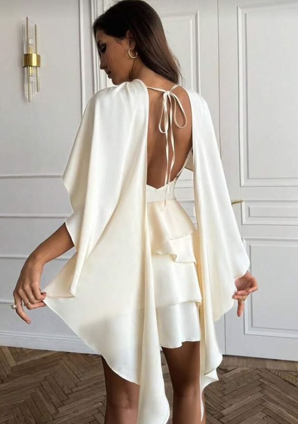 Light Champagne A Line Straps Layered Satin Short Homecoming Dress with Cape DP2875