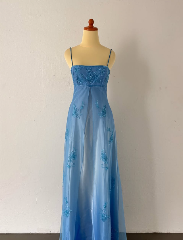 Elegant A Line Spaghetti Strap Beaded Blue Ombre Tulle Satin Prom Dress Evening Dress DP2232
