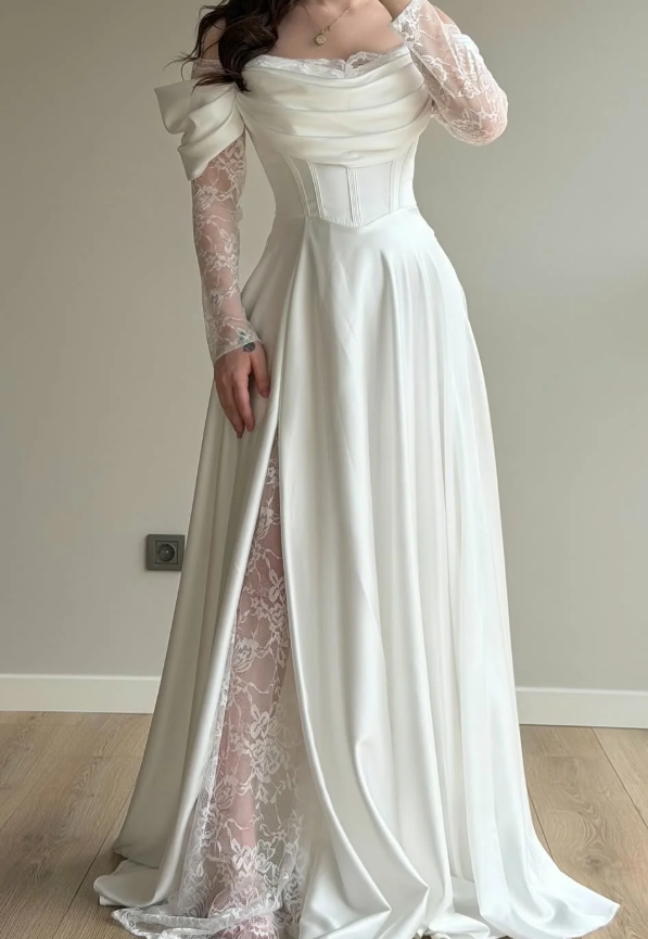 Elegant White A Line Long Sleeve Lace Satin Prom Dress DP5022