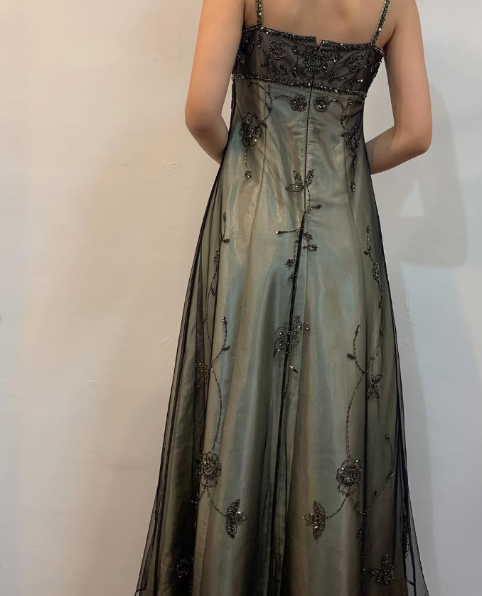 Vintage A Line Spaghetti Straps Appliques Beaded Satin Tulle Prom Dress Evening Dress DP1382