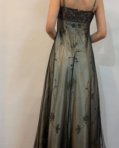 Vintage A Line Spaghetti Straps Appliques Beaded Satin Tulle Prom Dress Evening Dress DP1382