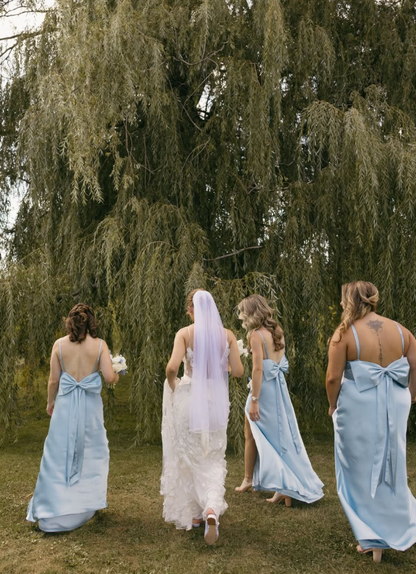 Cute Bow Blue A Line Straps Satin Bridesmaid Dress Prom Dress with Slit DP4979