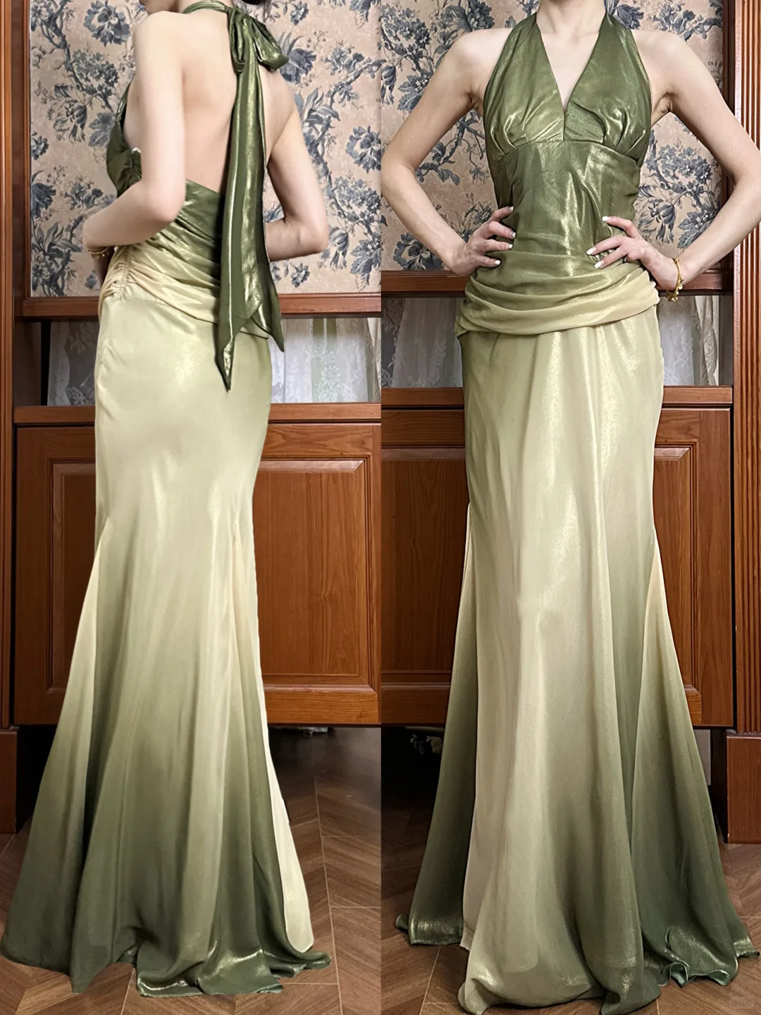 Vintage Green Ombre Mermaid Halter Chiffon Open Back Prom Dress DP4824