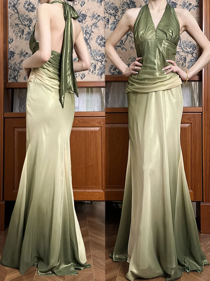 Vintage Green Ombre Mermaid Halter Chiffon Open Back Prom Dress DP4824