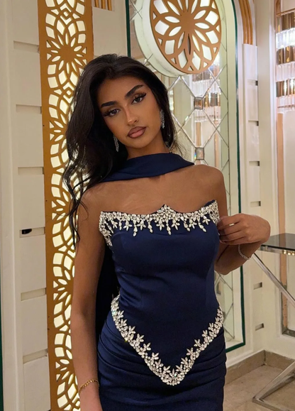 Navy Blue Sheath Strapless Exquisite Beaded Satin Prom Dress Evening Dress DP5028