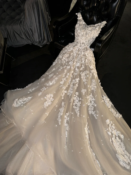 Elegant A Line Straps Appliques Tulle Long Prom Dress Evening Dress DP2028
