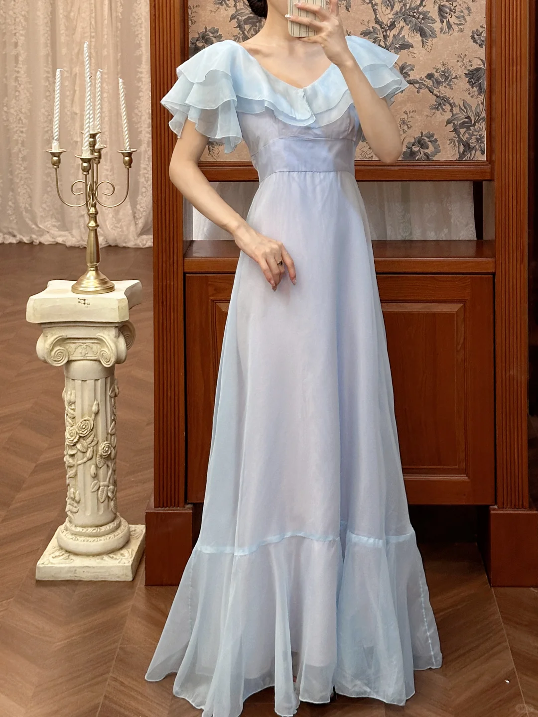 Vintage Simple A Line Off the Shoulder Layered Blue Chiffon Prom Dress DP4825