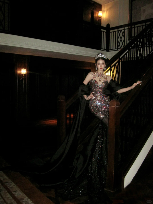 Black Sexy Mermaid Sweetheart Neck Beaded Tulle Prom Dress 16th Birthday Dress DP4248