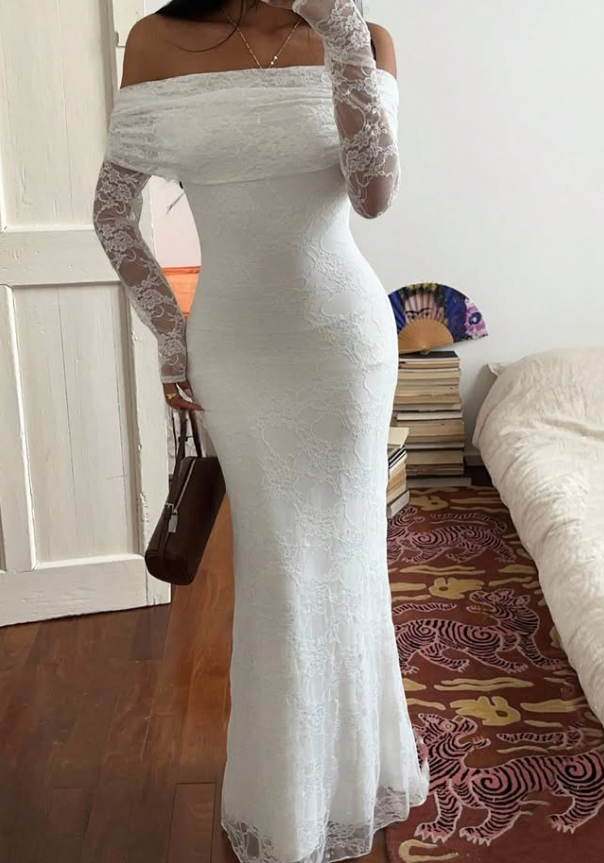 Gentle Sheath Long Sleeve White Lace Long Prom Dress Evening Dress DP6695