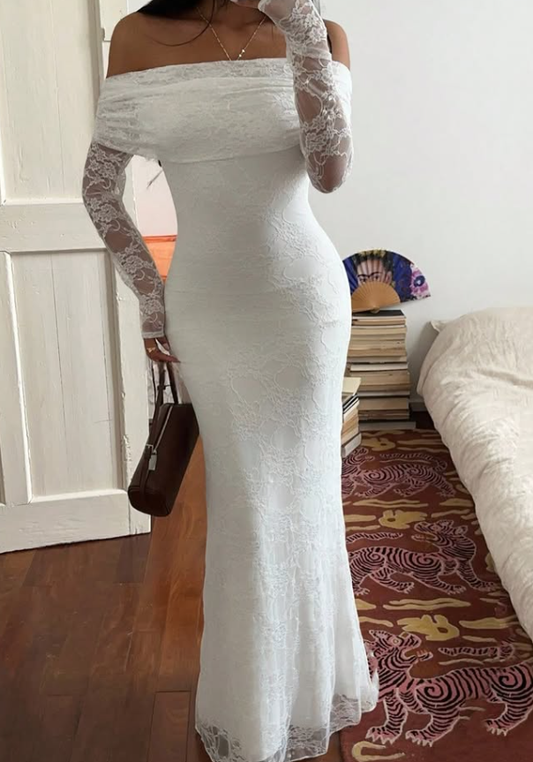 Gentle Sheath Long Sleeve White Lace Long Prom Dress Evening Dress DP6695