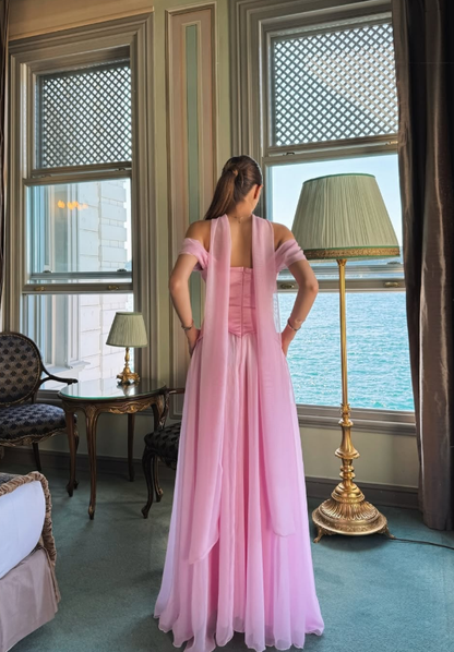 Gentle Pink A Line Off the Shoulder Chiffon Satin Prom Dress Evening Dress Formal Dress DP3212