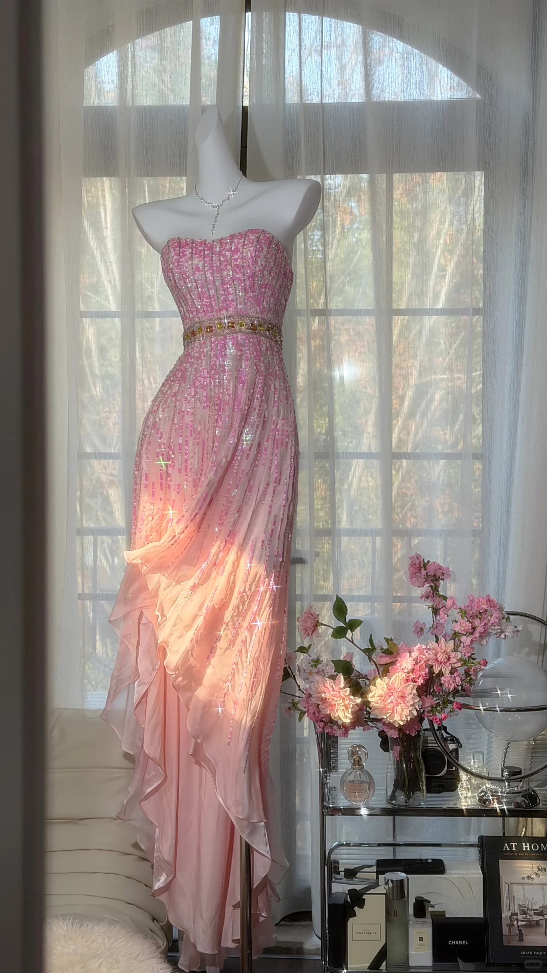 Pink Fairy A Line Strapless Shiny Sequin Chiffon Prom Dress Graduation Prom Dress DP4941