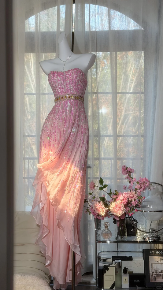 Pink Fairy A Line Strapless Shiny Sequin Chiffon Prom Dress Graduation Prom Dress DP4941