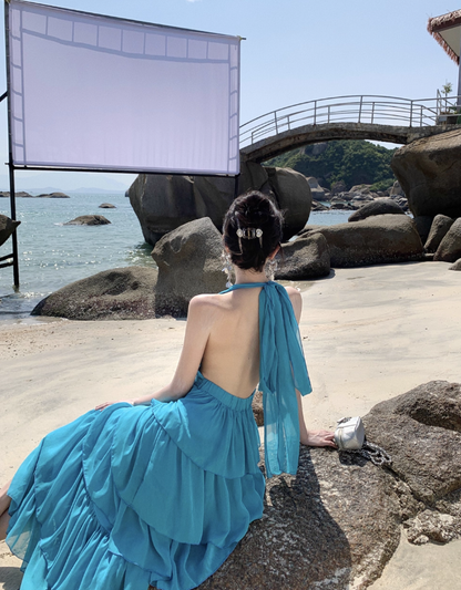 Blue Backless A Line Halter Layered Chiffon Long Vacation Dress Outfits DP3401