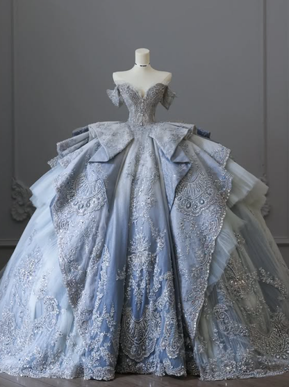 Elegant Ball Gown Off the Shoulder Exquisite Beaded Sequin Layered Satin Long Prom Dress Evening Dress DP4686