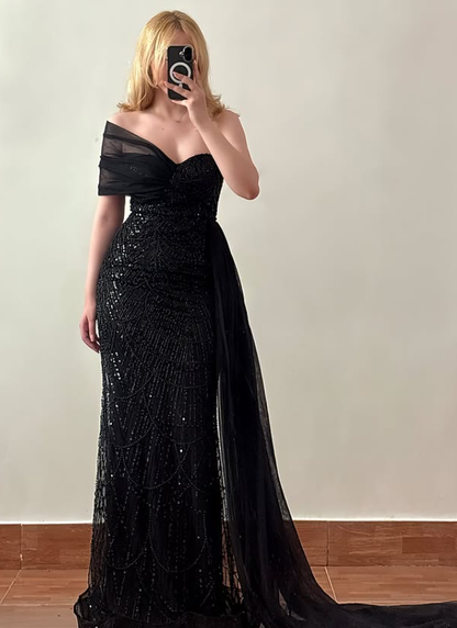 Glamorous A Line One Shoulder Exquisite Black Beaded Tulle Long Prom Dress Evening Dress DP6437