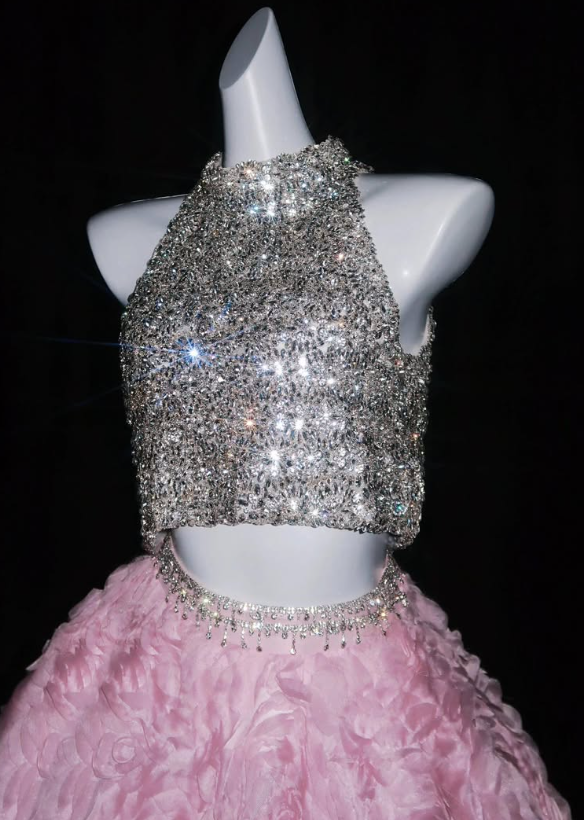 Shiny Rhinestone Ball Gown Exquisite 3D Pink Rose Tulle Prom Dress Quinceanera Dress DP6603