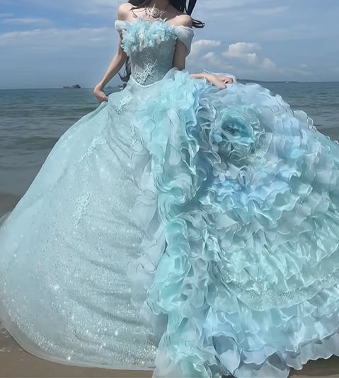 Blue A Line Off the Shoulder Sequin Floral Organza Prom Dress Graduation Ball Gown DP4566