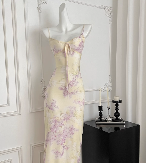 Gentle Sheath Spaghetti Straps Purple Floral Yellow Tulle Vacation Dress Prom Dress Outfits DP3550