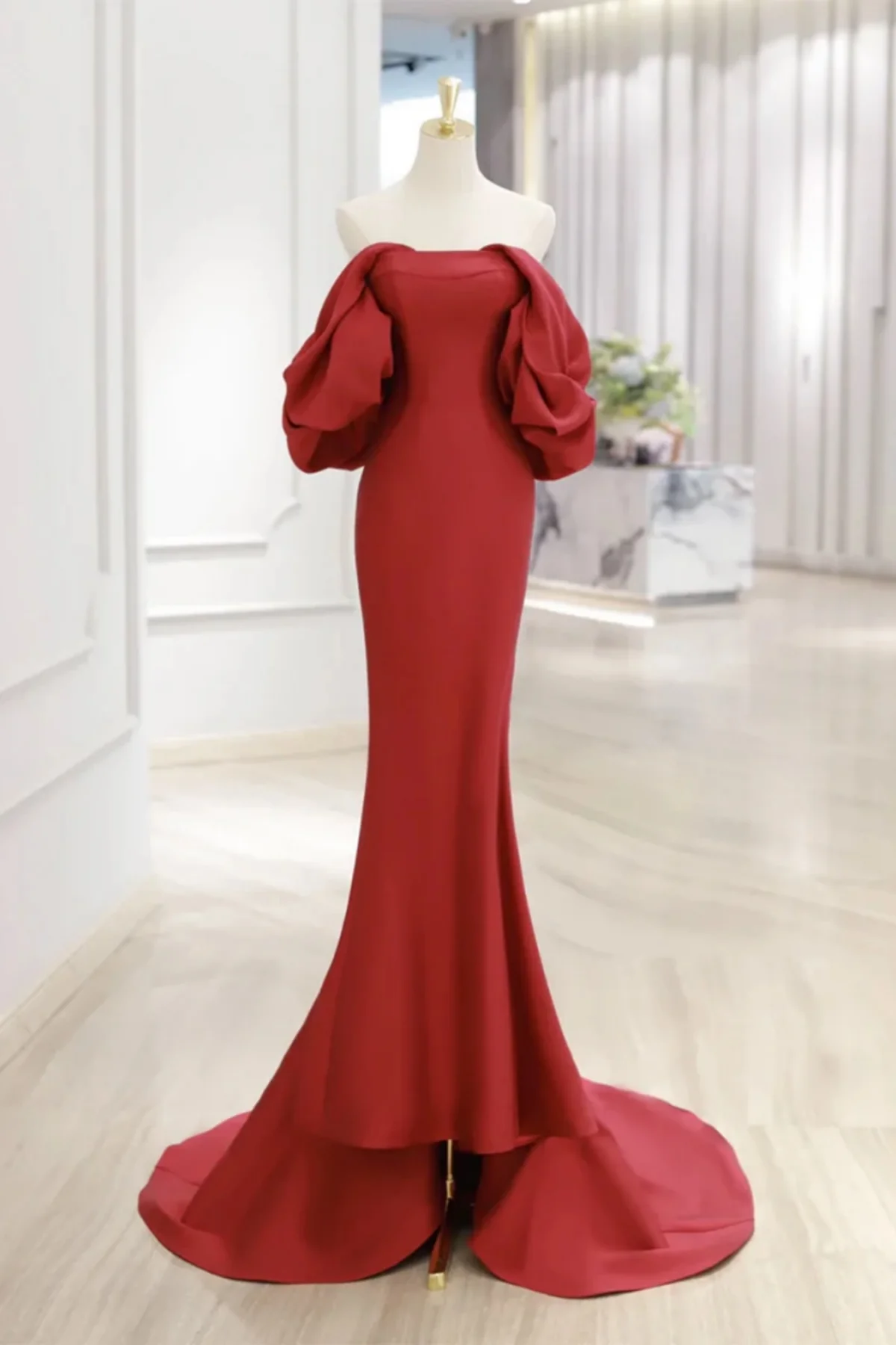 Off Shoulder Mermaid Red Satin Long Prom Dress Evening Dress DP648