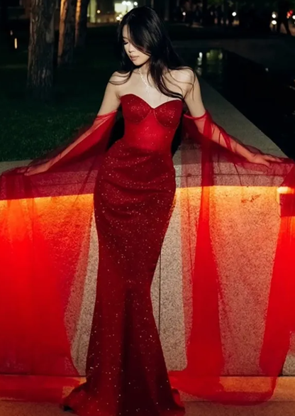 Sexy Red Mermaid Strapless Sequin Tulle Long Prom Dress Graduation Prom Dress DP4886