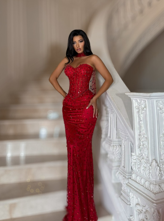 Sexy Sheath Sweetheart Neck Red Rhinestone Satin Tulle Long Prom Dress Party Dress DP4751