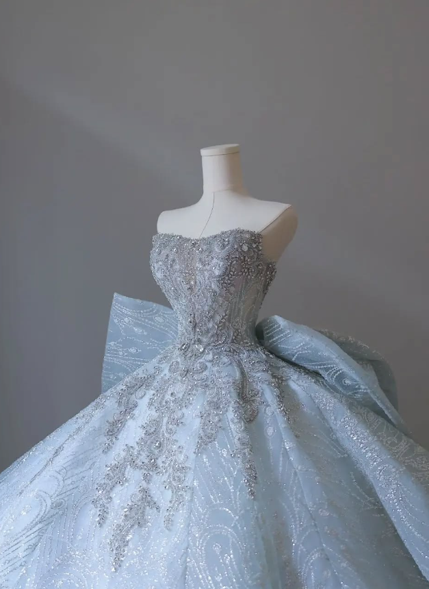 Blue Bow Ball Gown Strapless Sequin Beaded Tulle Long Prom Dress Wedding Dress DP4650