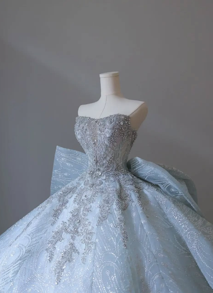 Blue Bow Ball Gown Strapless Sequin Beaded Tulle Long Prom Dress Wedding Dress DP4650