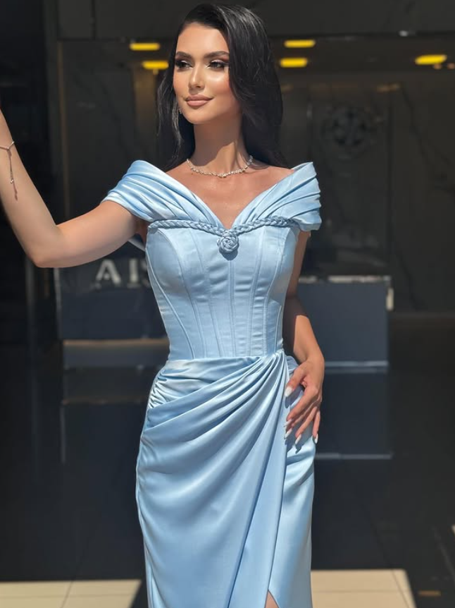 Elegant Sheath Off the Shoulder Blue Satin Slit Long Prom Dress Evening Dress DP6053