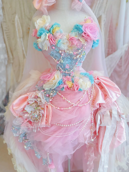 Pink Ball Gown Sweetheart Neck Floral Exquisite Beaded Tulle 16th Birthday Dress Prom Dress DP3815