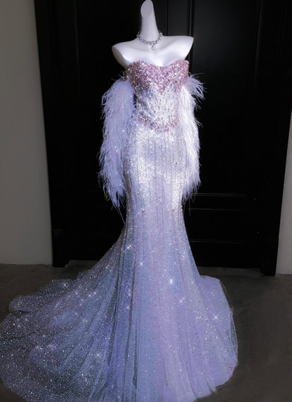 Dreamy Lilac Mermaid Strapless Beaded Feather Tulle Prom Dress Evening Dress DP6619