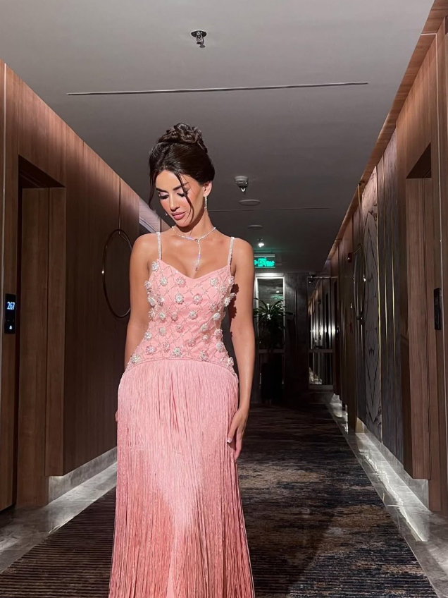 Gentle Pink Tassel  A Line Floral Beaded Satin Prom Dress Graduation Prom Dress DP5046