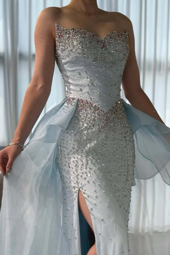 Baby Blue Sheath Sweetheart Neck Beaded Satin Tulle Long Prom Dress Evening Dress DP4334