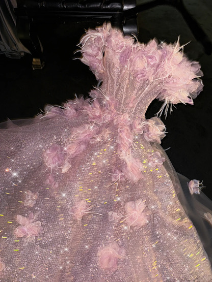 Princess A Line Off the Shoulder Pink Feather Flower Sequin Prom Dress Evening Dress DP2458