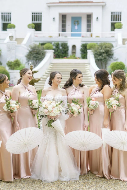 Halter Light Pink Open Back Bridesmaid Dress with Slit DP5865