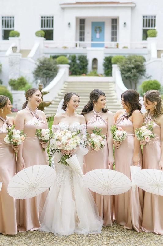 Halter Light Pink Open Back Bridesmaid Dress with Slit DP5865