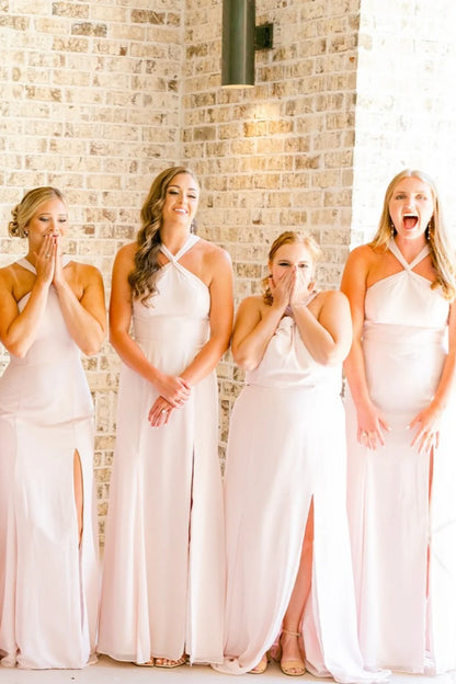 Simple Halter Pink Mermaid Chiffon Bridesmaid Dress with Slit DP5845