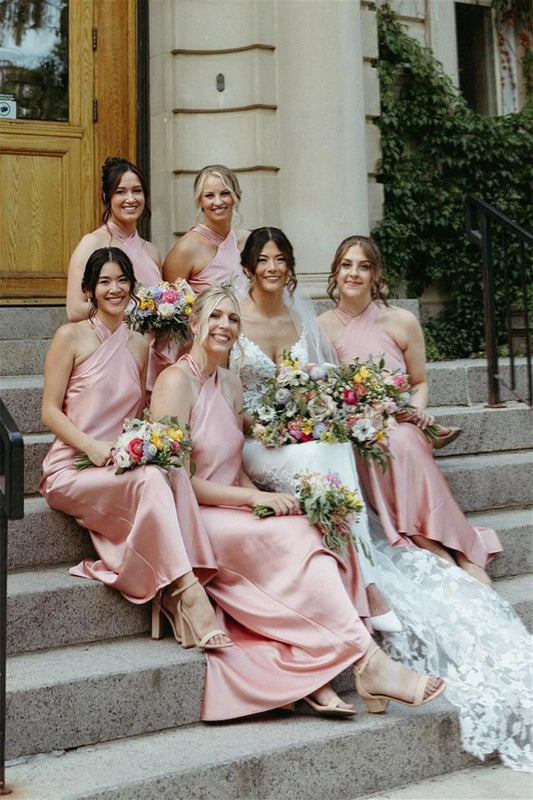 Halter Pink Back Bow Sheath Bridesmaid Dress DP5852