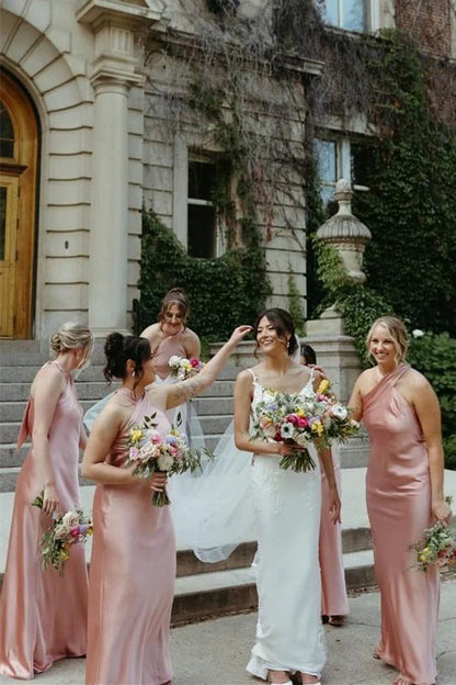Halter Pink Back Bow Sheath Bridesmaid Dress DP5852