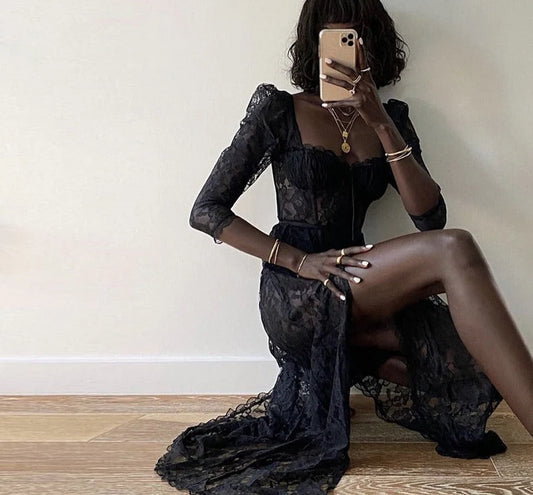 Sexy A Line Long Sleeve Corset Black Lace Prom Dress Evening Dress Outfits DP1439