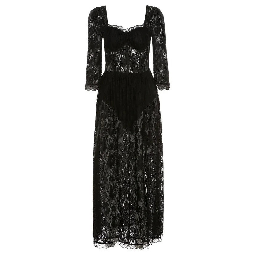 Sexy A Line Long Sleeve Corset Black Lace Prom Dress Evening Dress Outfits DP1439